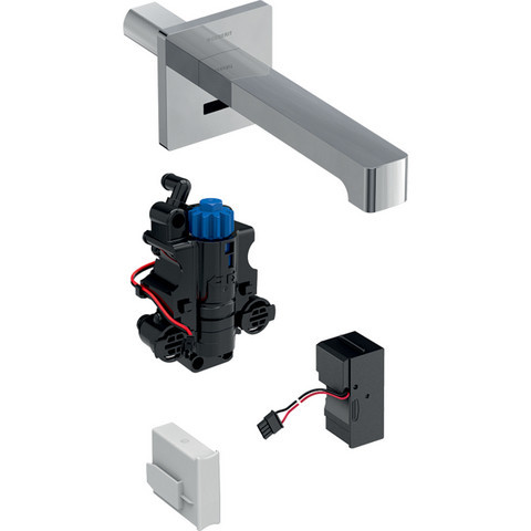 Umyvadlová armatura Brenta, nástěnná, napájení ze sítě, pro funkční box pod omítku, Pochromovaná lesklá, L 22cm, Směšovač S termostatickým směšovačem