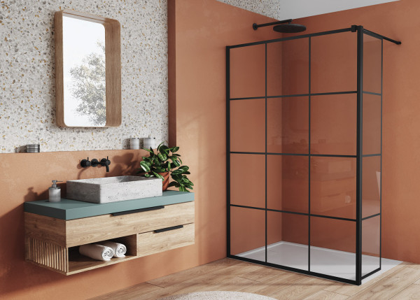 WALK-IN EASY Pevná stěna samostatná s vyrovnávacím profilem 900x2000 mm černá mat/sklo Loft